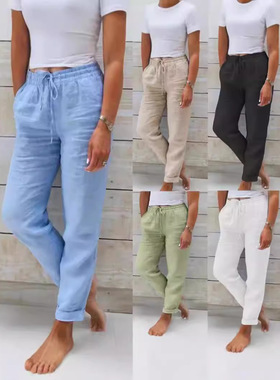 Light blue loose-fitting casual pants浅蓝色松紧腰 女士休闲裤