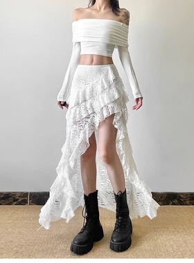 Irregular white lace sweet style skirt白色蕾丝甜美风格半身裙