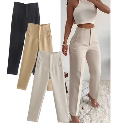 收腰褶皱九分长度哈伦裤