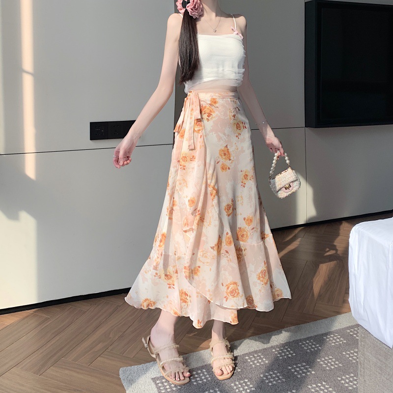 一片式绑带荷叶边印花半身裙