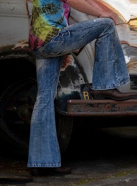 男士高腰复古喇叭牛仔裤