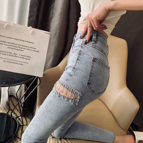 Shredded Skinny Diamond Chain Cropped Pants 女闪钻链条九分裤