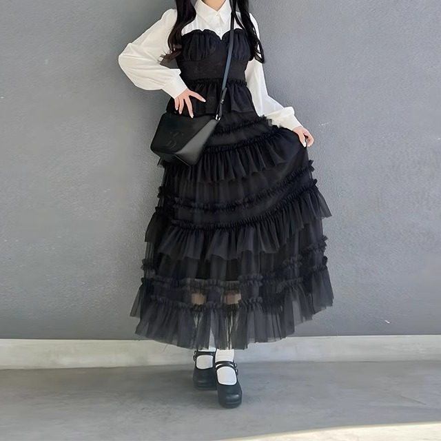 Multi-layer spliced mesh lace skirt 多层网纱拼接花边半身裙女 - 实物图