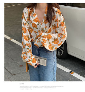 oil painting chiffon Girls 雪纺衫 rose shirt女生长袖 yellow