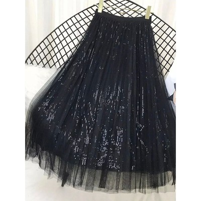 亮片+网纱双层高腰半身裙