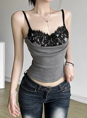 Black lace patchwork sexy halter top黑色蕾丝拼接性感吊带背心