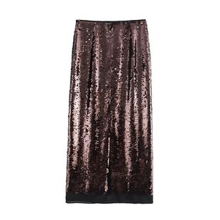 酒红色亮片时尚气质长款半身裙Burgundy sequin style long skirt