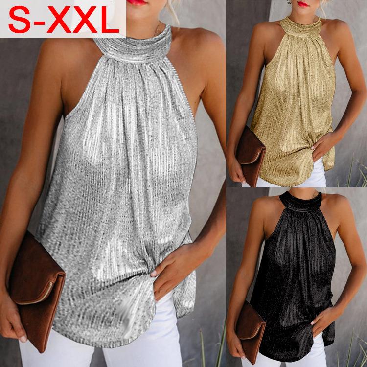 Fashionable Neck Top Sleeveless Halter Zipper T-shirt
