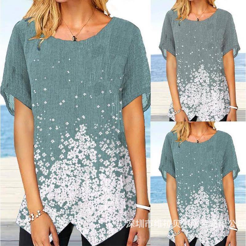 Short-sleeved round neck hem slit top cotton and linen slim