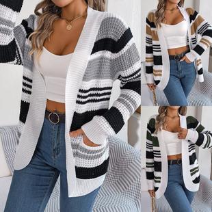 Sleeve Pocket Long Sweater Cardigan Contrast Casual Stripe
