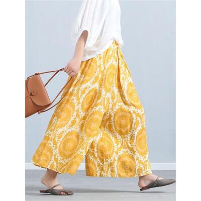 Yellow Casual Wide Leg Trousers女式宽松九分裙裤百搭阔腿裤