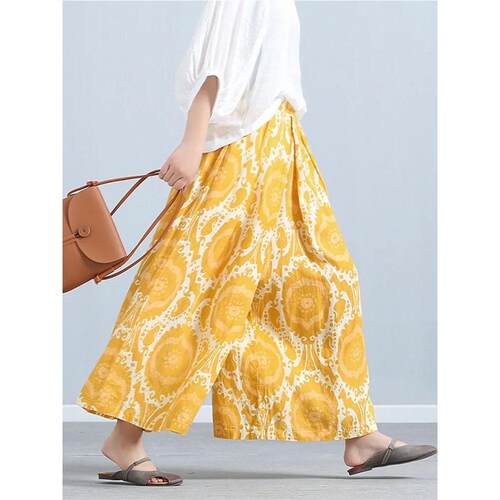 Yellow Casual Wide Leg Trousers女式宽松九分裙裤百搭阔腿裤