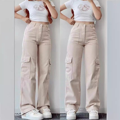 Straight Leg Cargo Pants Women HighWaist Baggy Trousers Lady