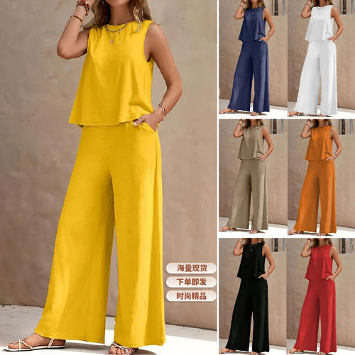 A vest and wide-leg pants suit欧美纯色圆领背心和阔腿裤两件套