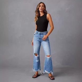 women for trousers casual straight-leg jeans long ripped