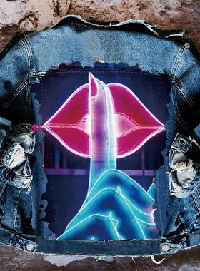 Fluorescent Lips Denim Jacket Western Womens Loose Lapel
