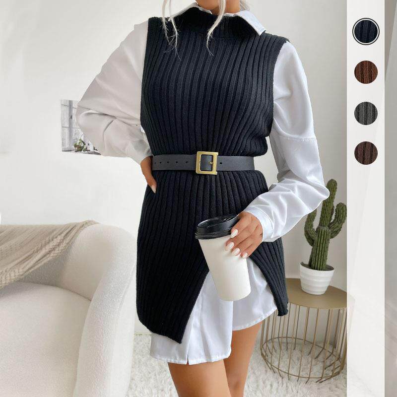 Women's solid color mid-length vest sweater with slits