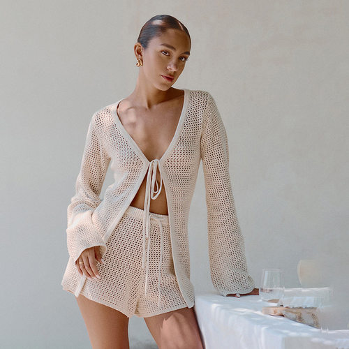 纯色性感针织沙滩比基尼泳衣罩衫防晒套装short beach set women