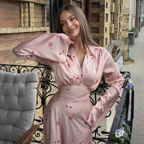 Printed satin dress法式新款V领缎面印花长袖高腰大摆长款连衣裙