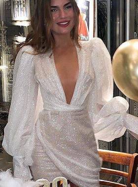 Women's sexy sparkly V-neck dress hip-hugging evening dress