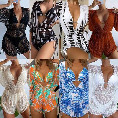 bikini three-piece drawstring waist high swimsuit waisted