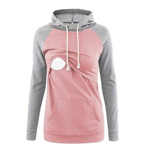 Maternity Hooded Top Long Colorblock Nursing Sweatshirt