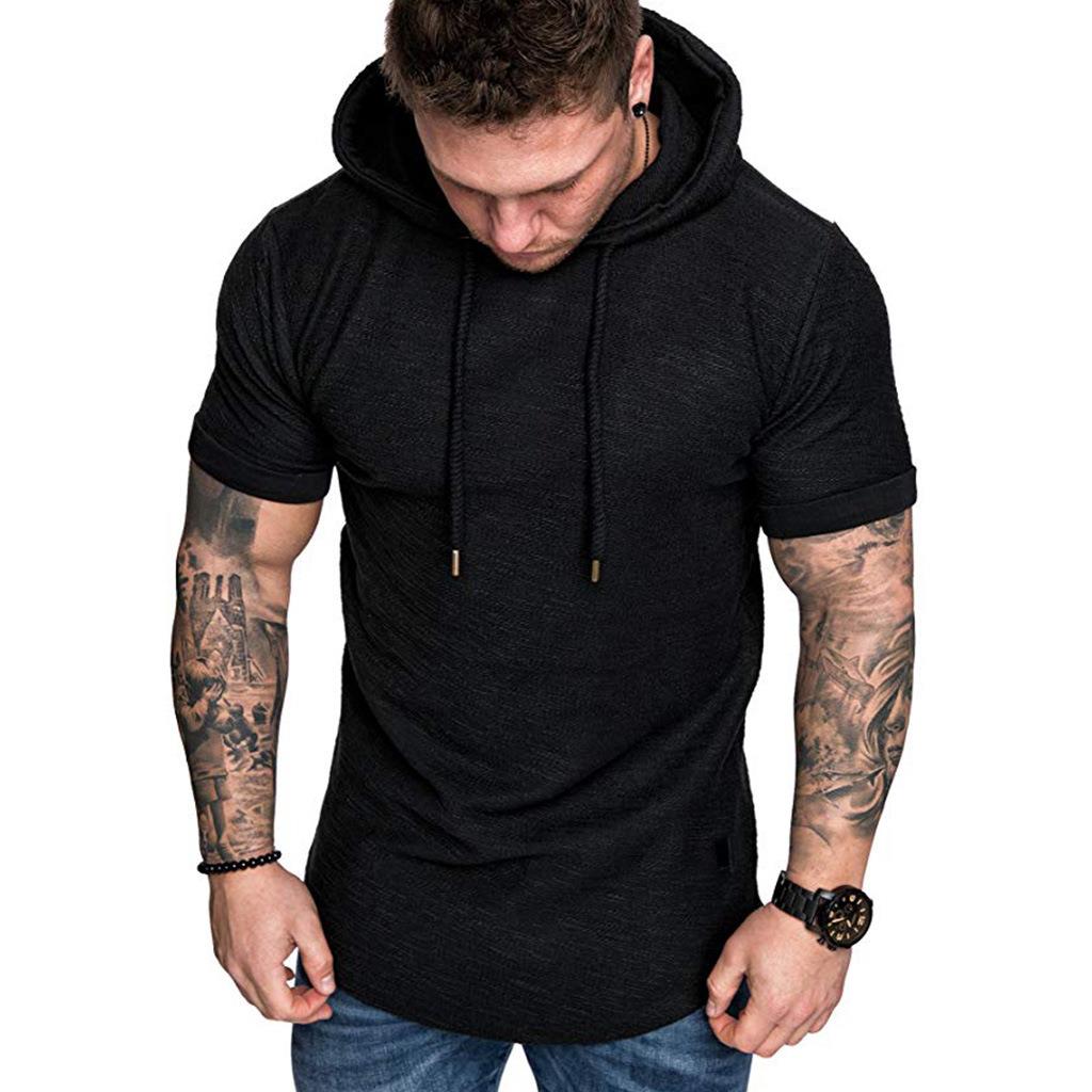 solid Mens short-sleeved hooded T-shirts sports casual