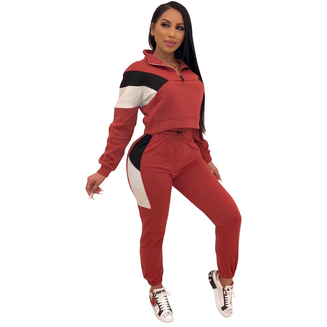 Contrast color stitching long sleeve loose casual suit