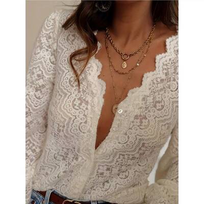 欧美镂空设计宽松性感长袖纯色v领蕾丝女工衬衫Hollow lace shirt