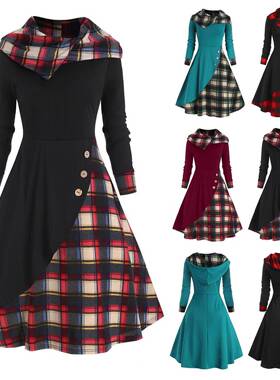 dress designed creatively long button mock patchwork plaid