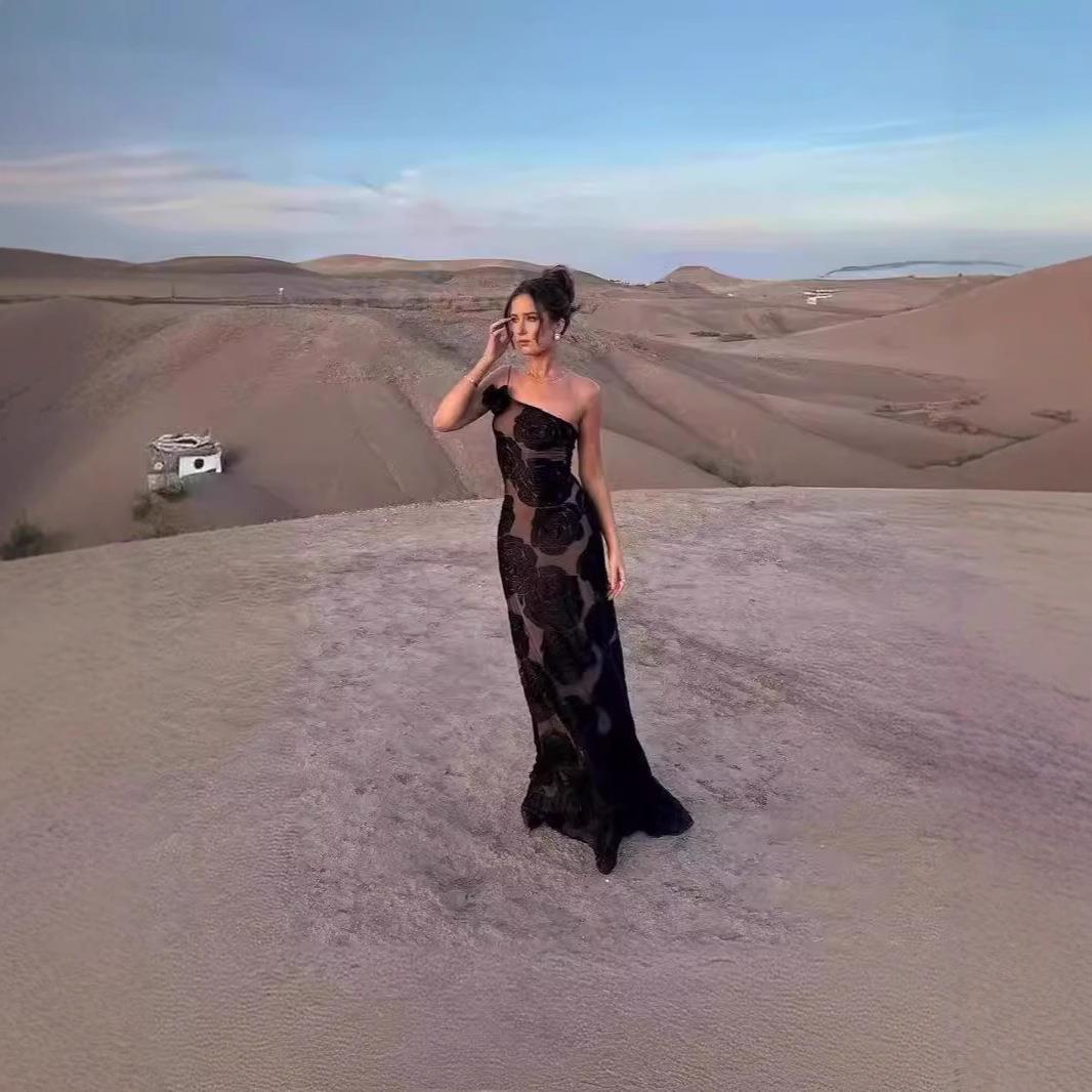 Sexy Burning Flower Sling Off-shoulder Flower Long Dress