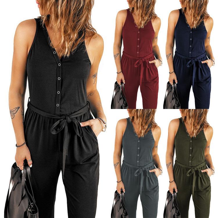 Pants Cuffed Casual Tie Waist V-Neck Color Solid Jumpsuit