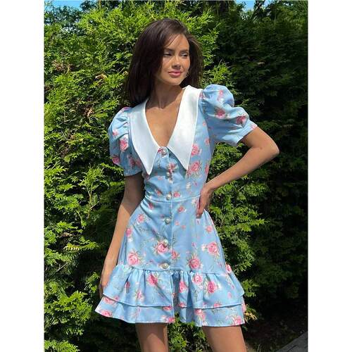 法式泡泡袖连衣裙收腰印花荷叶边短裙女loral puffy sleeve dress