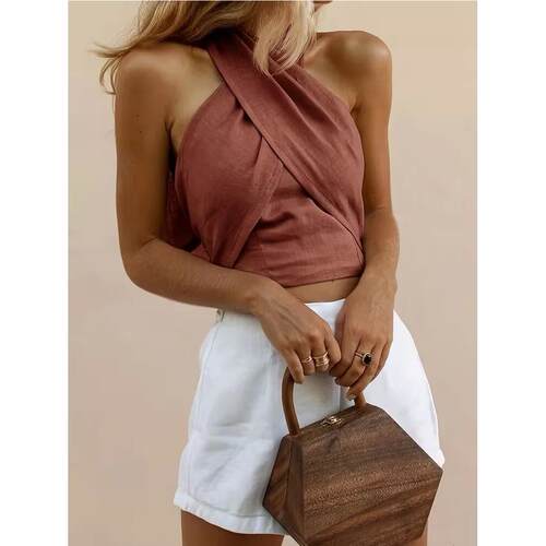 挂脖交叉无袖露背上衣 Ladies' neck hanging cross backless top