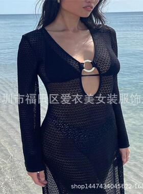 sleeve buckled V-neck slit Bohemian cover-up long color