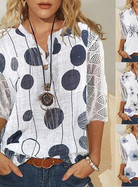 Shirt Collar Stand-Up Open-Placket Mid-Sleeve Splicing Lace