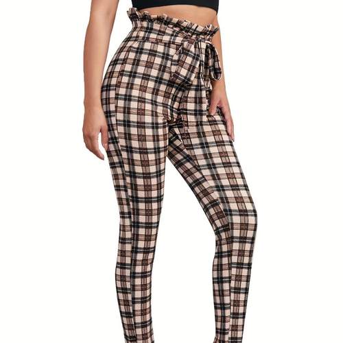 Womens Trousers Plaid Knitted Elastic Casual Belt