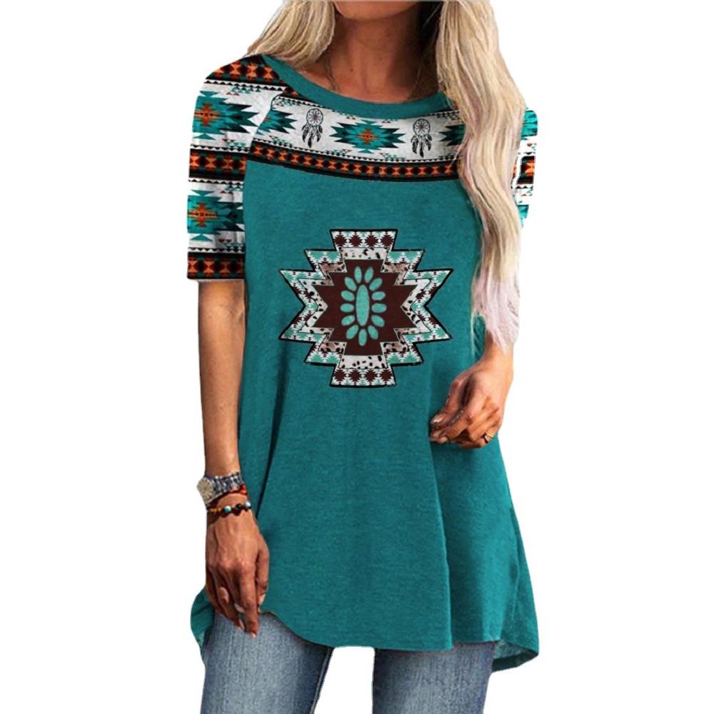 Womens Fashion Loose Round Neck Digital Western Checkered