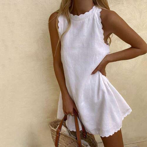 fashion夏季纯色背心女白色无袖连衣裙子宽松短款dress