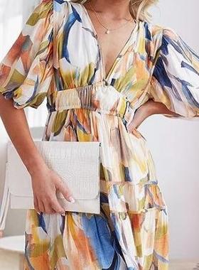 Women's Bohemian Floral Midi Dress Smocked Beach Flowy Dress