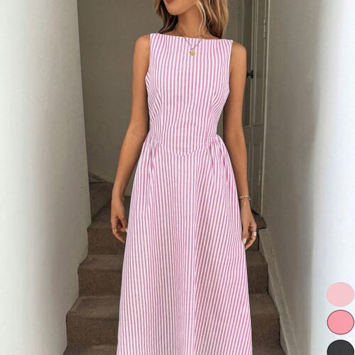 striped dress欧码夏季女无袖竖条纹休闲度假连衣裙时尚公主长裙