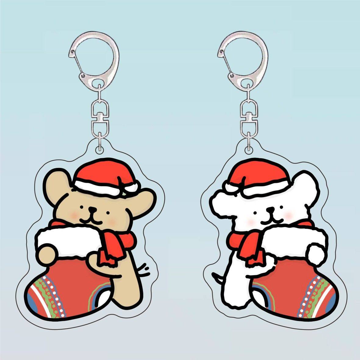 圣诞节马尔济斯线条小狗鸡毛亚克力钥匙扣卡通情侣闺蜜书包挂件