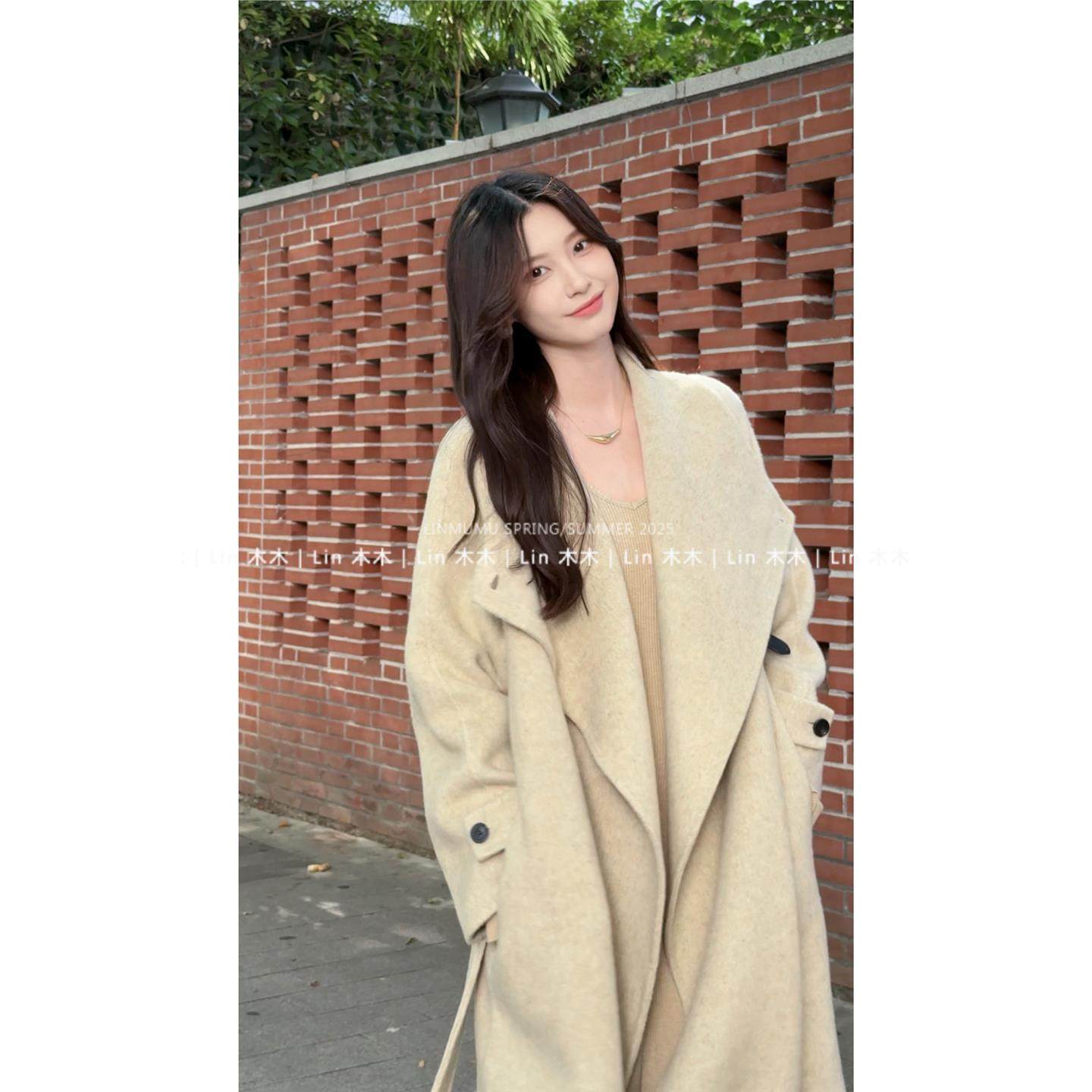 【盐风棱语】25年秋冬新款休闲腰带中长款双面羊毛大衣外套女装
