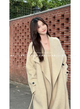 【盐风棱语】25年秋冬新款休闲腰带中长款双面羊毛大衣外套女装