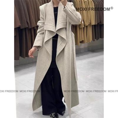 【波尔多德】25年秋冬新款正肩腰带款休闲中长款双面羊毛大衣外套