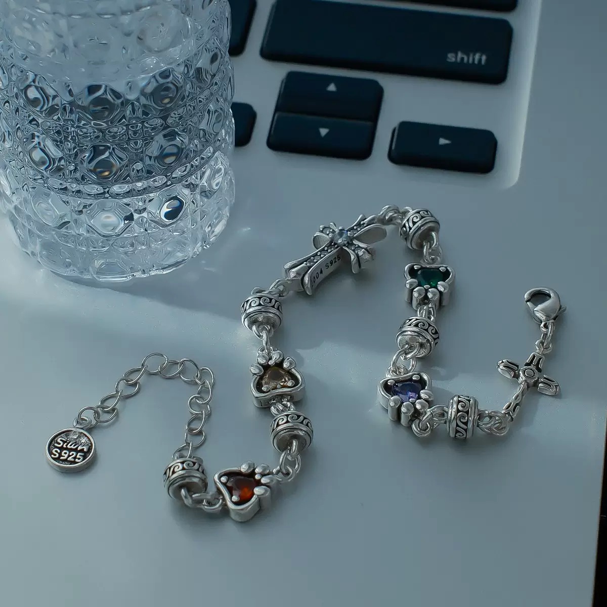 不掉色银饰猫爪彩色锆石十字架手链ins风时尚百搭复古手链