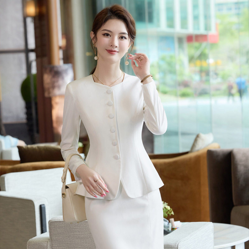 白色酒店工作服女长袖服务员空姐制服餐饮饭店前台收银员职业套装