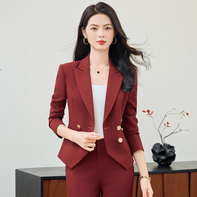 酒红色秋季新款双排扣西装套装