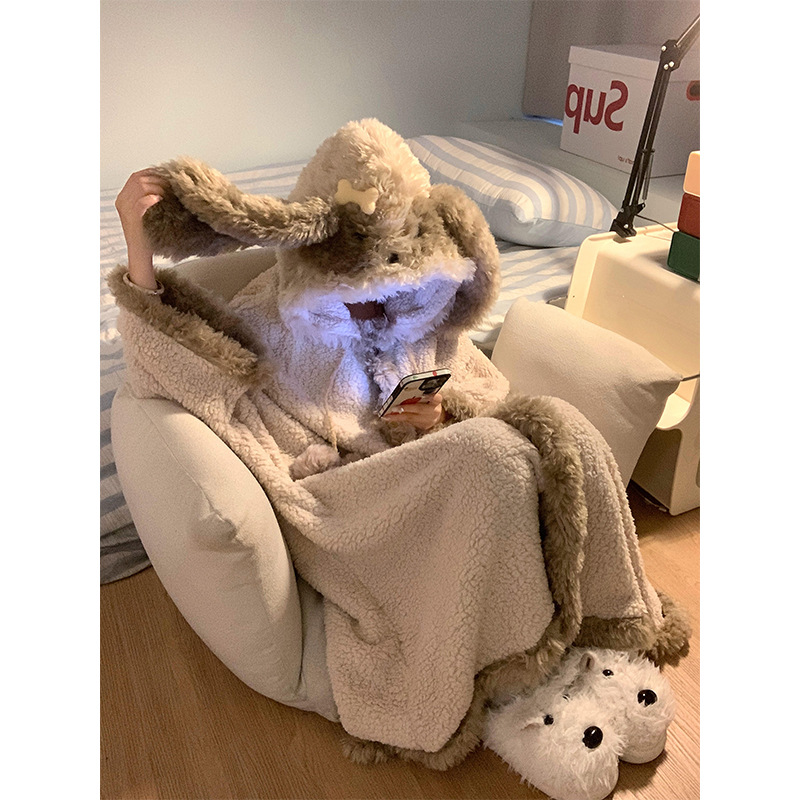 软糯甜美小狗珊瑚绒连帽睡袍女冬季新款保暖加厚家居服可外穿睡袍