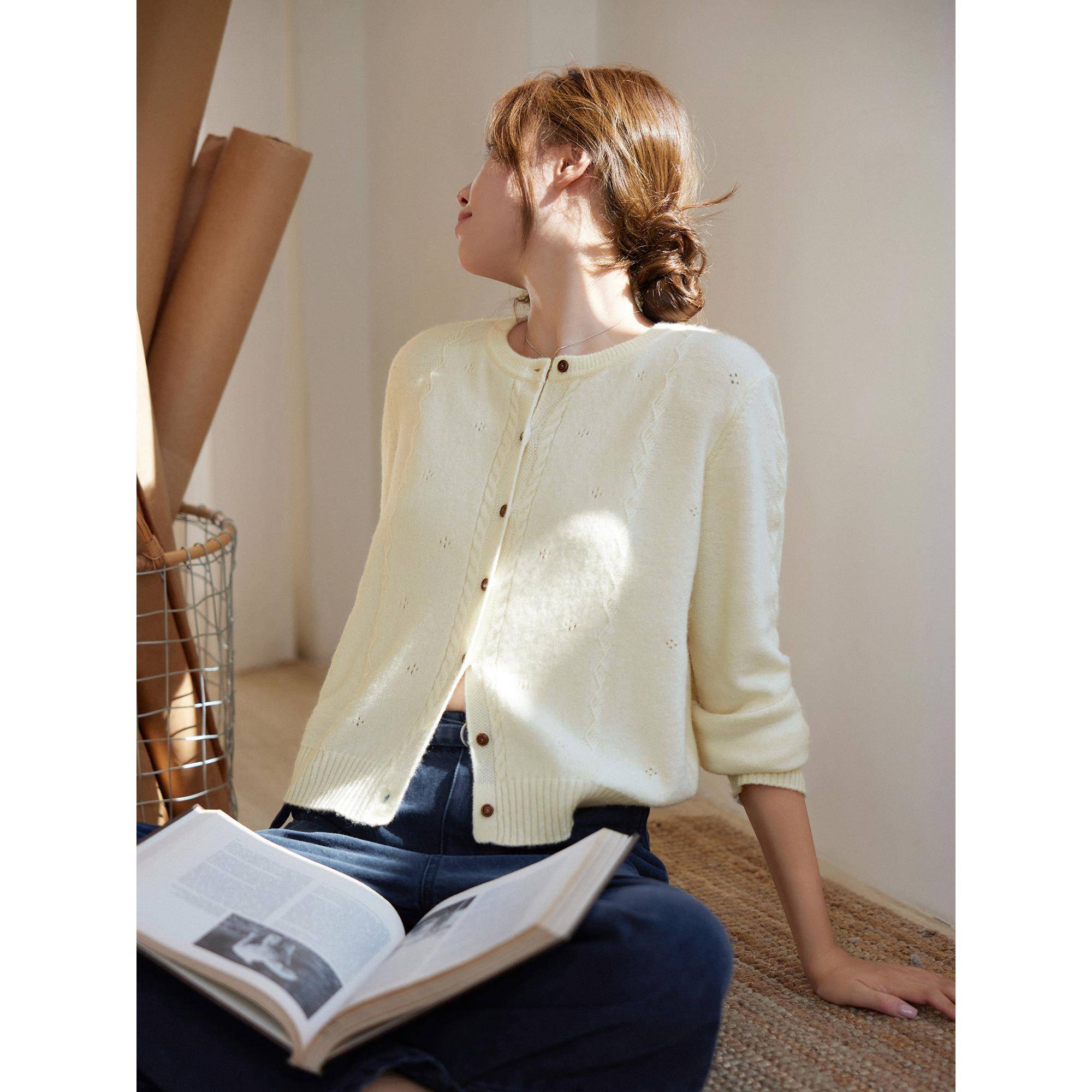 「MISAZ」绞花编织 软糯绵羊毛秋冬小开衫 细针镂空淑女保暖毛衣